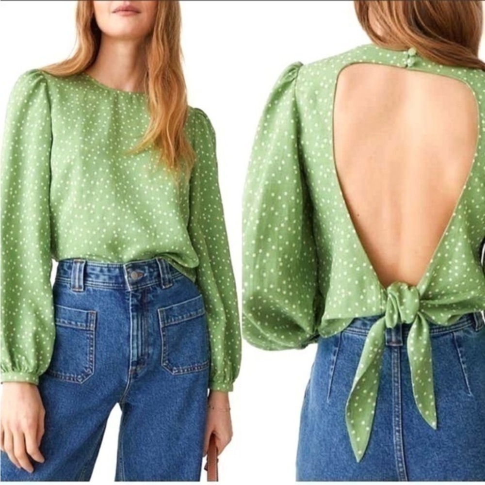 & Other Stories Open Back Blouse Green Tiny Flowers size 2 viscose linen blend